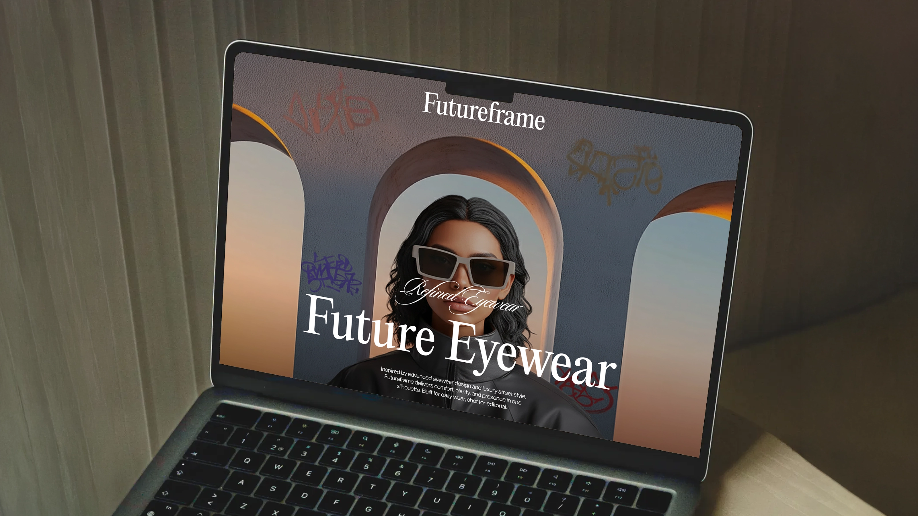 Laptop displaying futureframe homepage on a dark textured surface