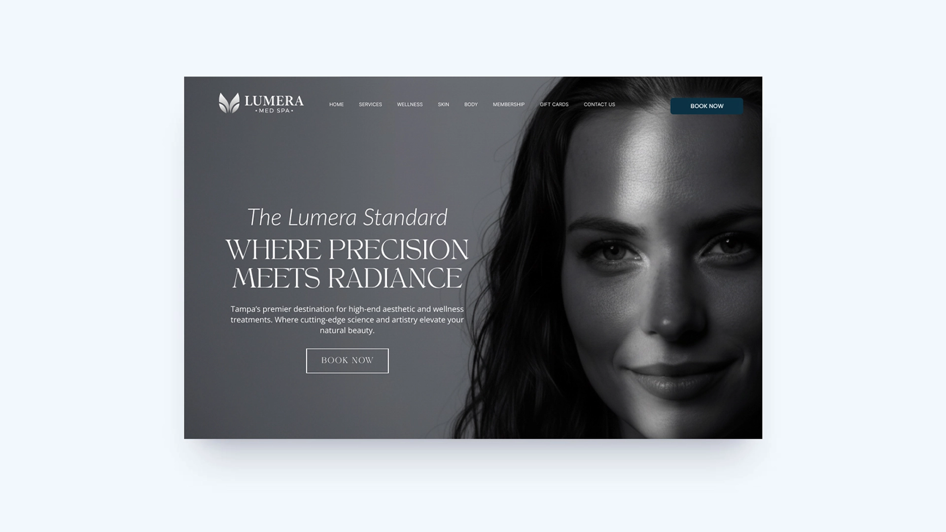 Desktop view of Lumera Med Spa homepage featuring brand messaging and hero image