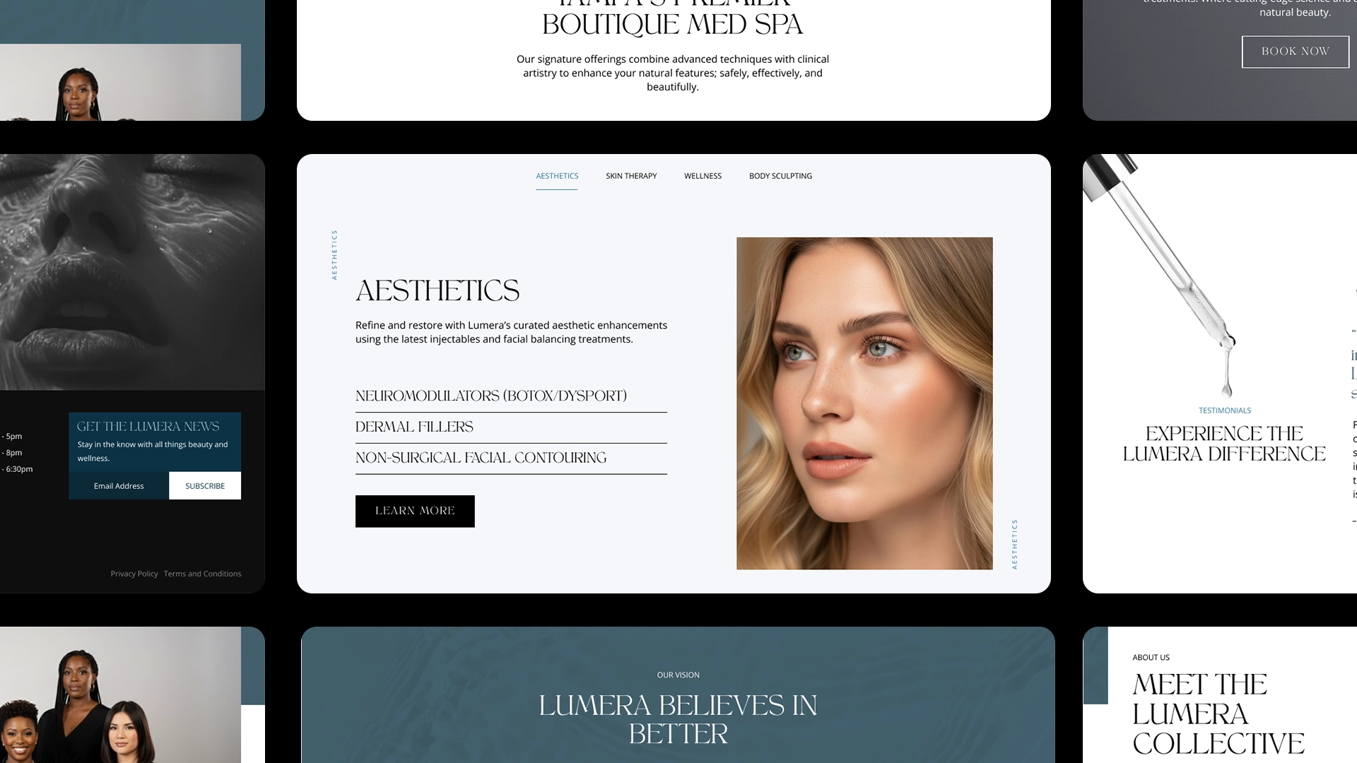 Website services section showcasing Lumera’s facial aesthetics and photography