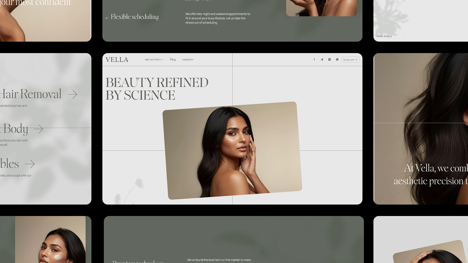 Tablet displaying Vella Med Spa homepage on a dark textured surface