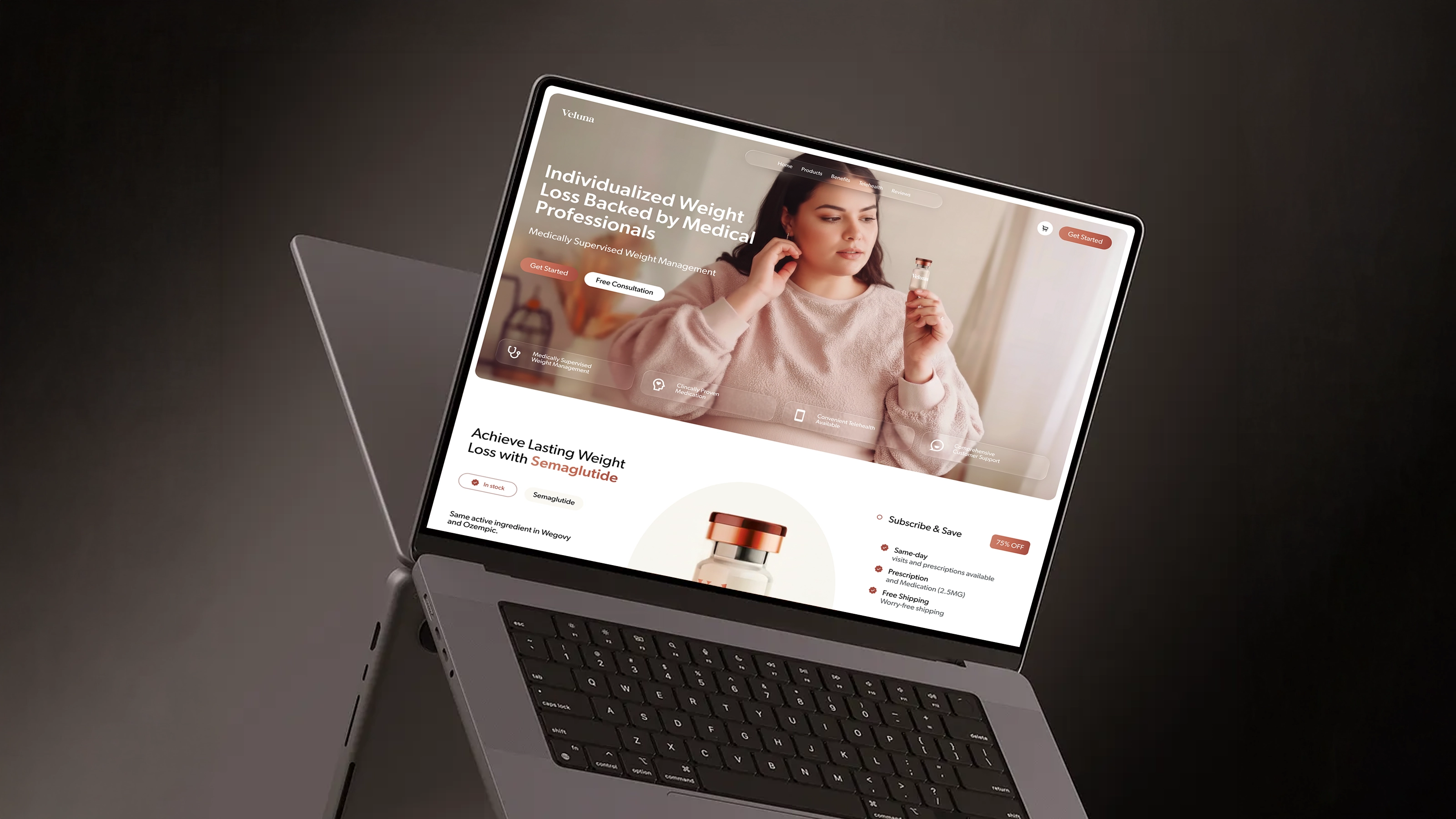 Veluna semaglutide product page featuring a weight loss vial, pricing details, subscription benefits, and 4.7-star rating.