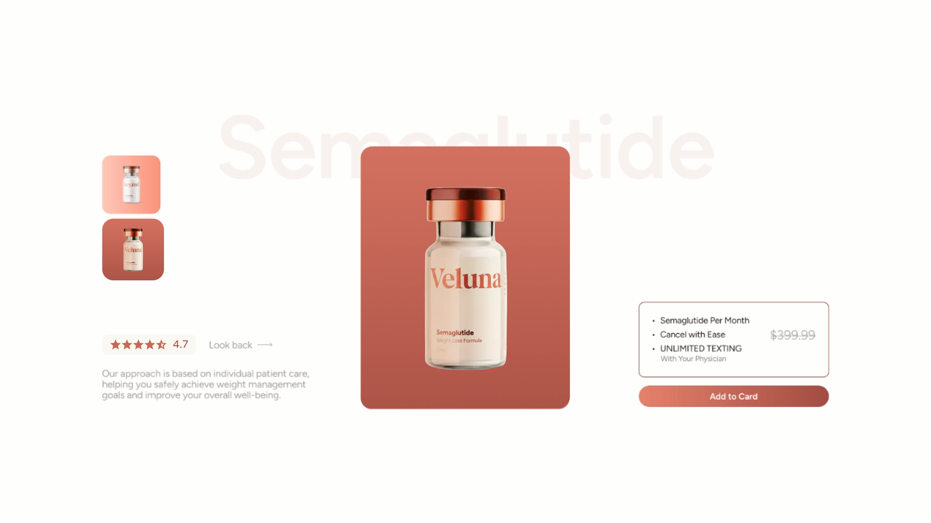 Wide-angle desktop monitor displaying the Veluna homepage with clear CTAs and medical branding.