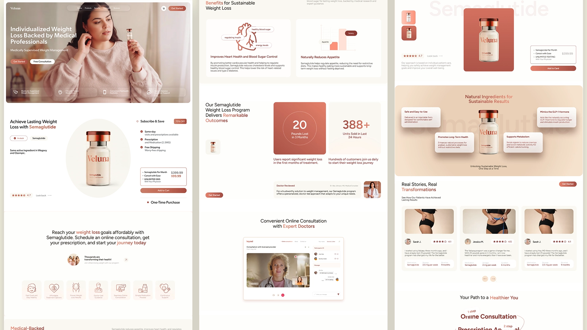 Laptop showing Veluna's homepage with a woman holding a semaglutide vial and headline about medically supervised weight loss.