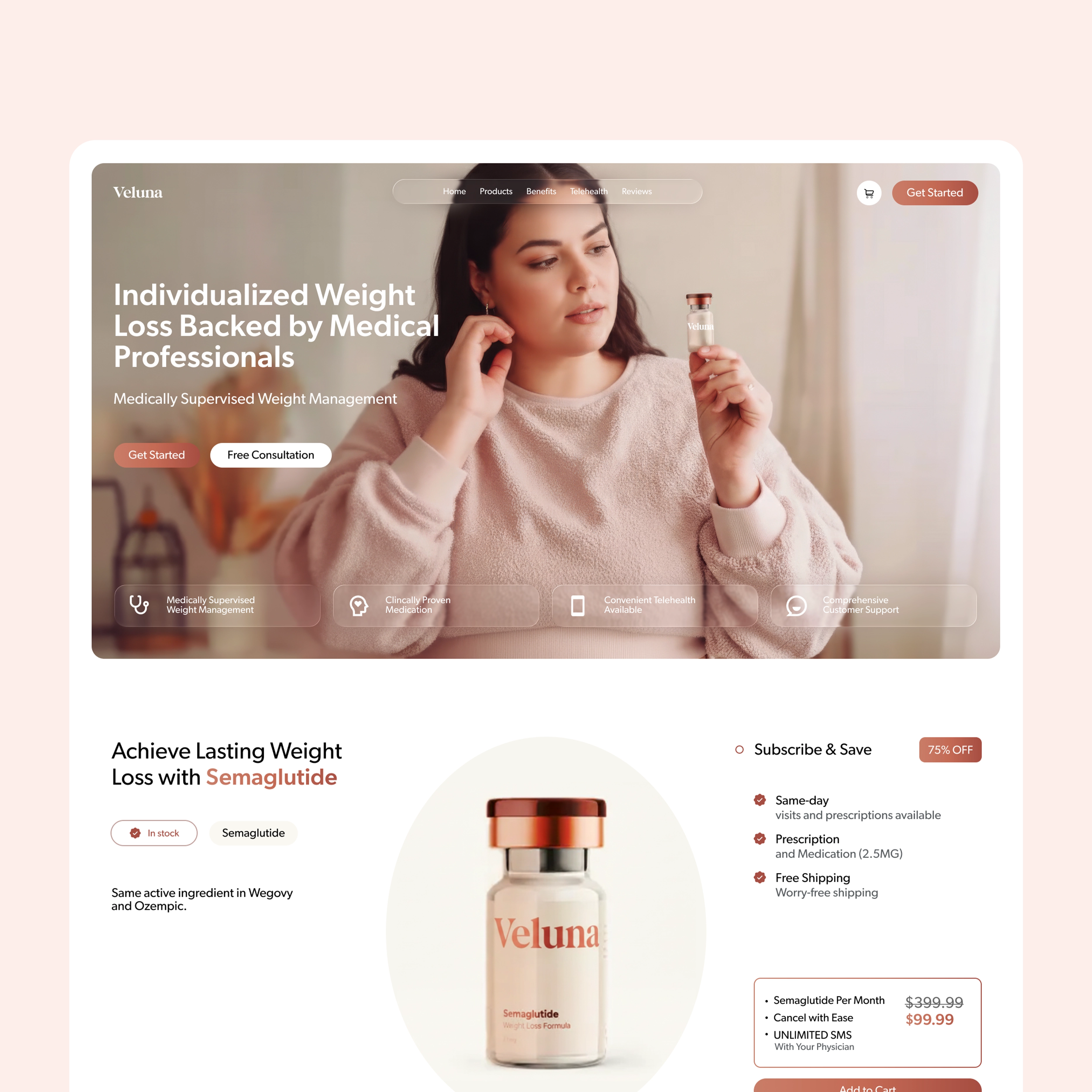 Zoomed-in section of Veluna site highlighting a virtual consultation between a patient and licensed medical provider.