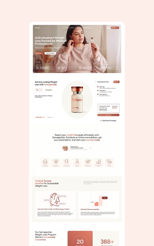 Statistics section showing average weight loss of 20 pounds in 3 months and over 390 units sold in 24 hours.