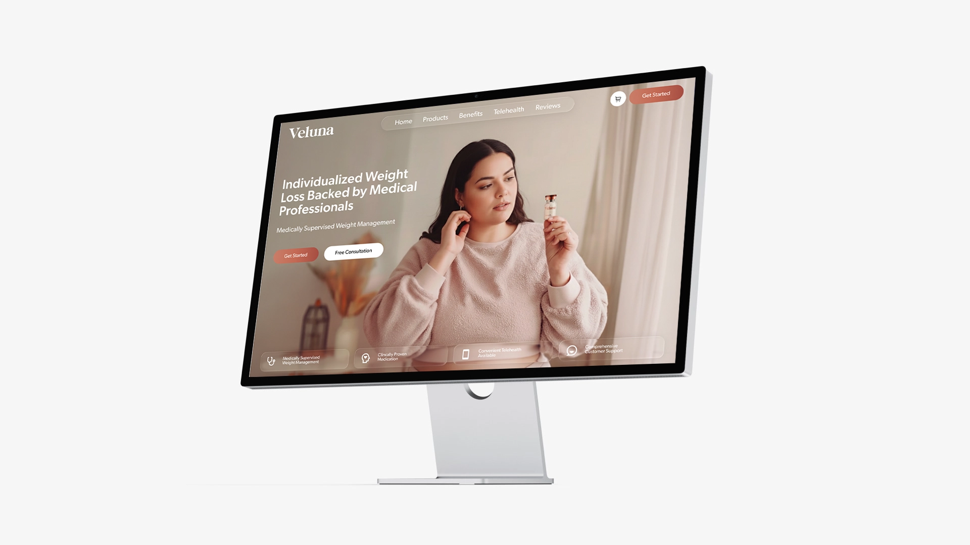 Grid of six illustrated icons highlighting Veluna’s benefits like weight loss results, easy consultations, and ongoing support.