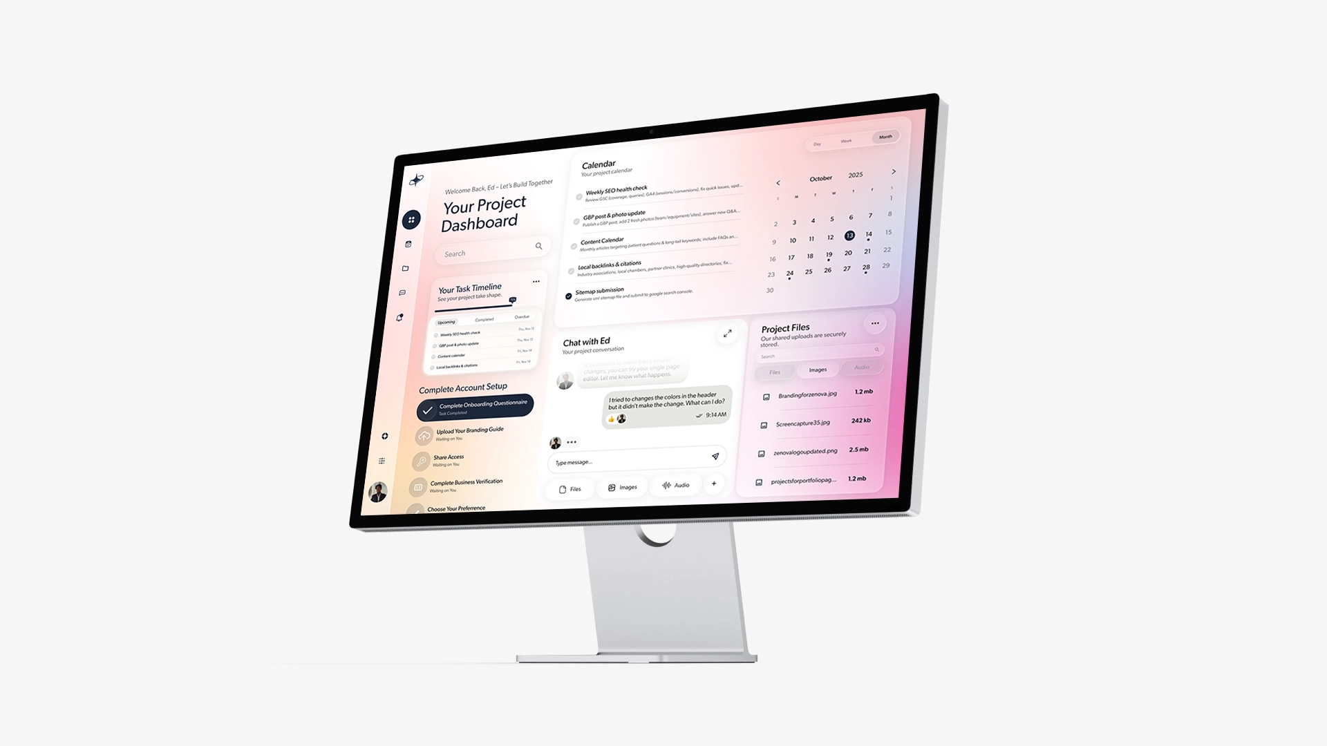 Zenova’s custom project dashboard interface displayed on a MacBook with a soft gradient UI and streamlined layout.
