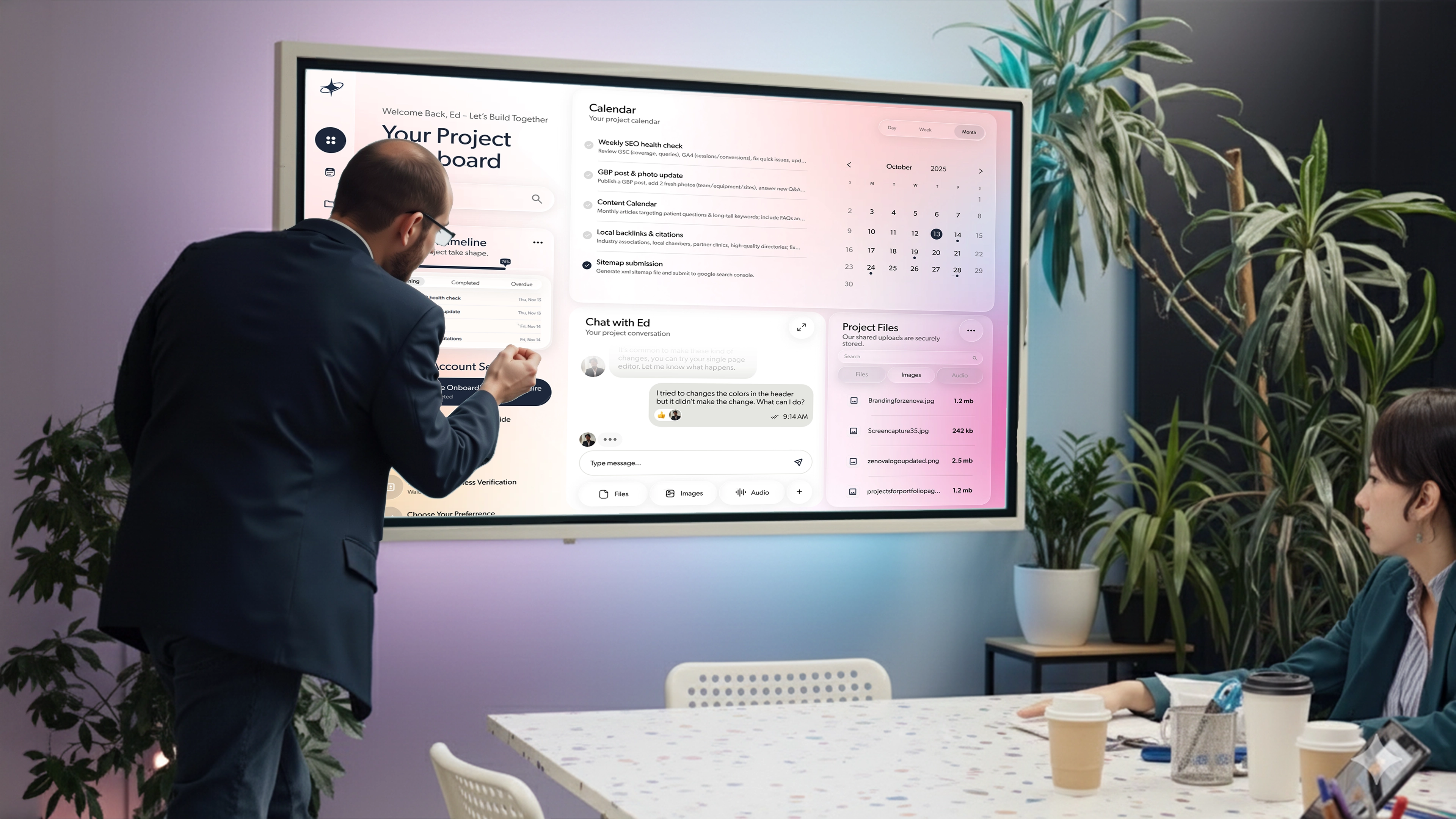 Zenova dashboard design shown on a tilted desktop monitor, highlighting the task timeline, calendar, and file-sharing tools.