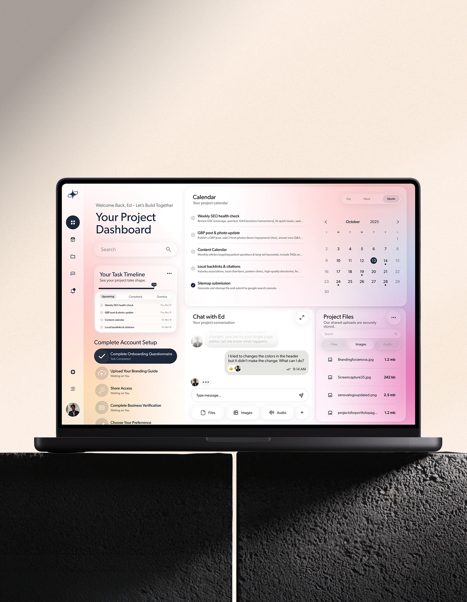 A custom-built dashboard interface and brand identity for a facilities management platform built around clarity, collaboration, and control.